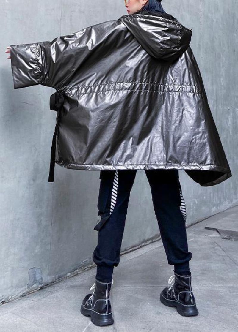 Warme Plus Size Winterjas Met Capuchon Grijze Uitloper Met Trekkoord - Dames winterjassen