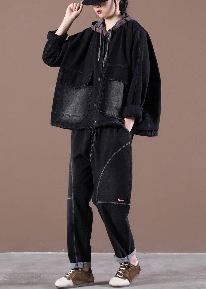 Zwarte Mode-trenchcoat Met Trekkoord En Capuchon Lente-uitloper - Dames winterjassen