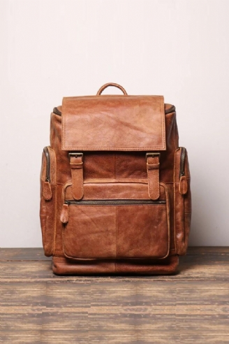 Herenrugzak Vintage Bruin Leer Casual Rugzak 15.6 Inch Laptoptas Grote Capaciteit Buitenreisrugzak