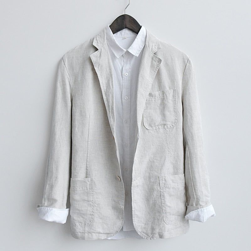 Herfst Casual Blazer Heren Effen Pakken Jassen Puur Linnen Ademend Turn-down Kraag Bovenkleding - Zwart