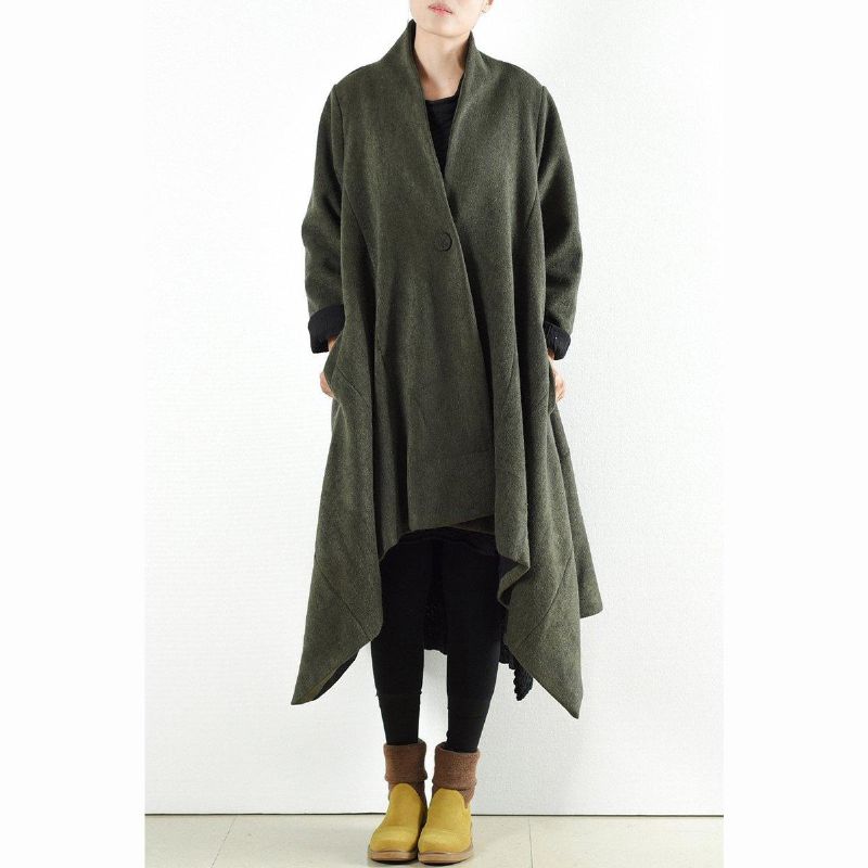 2024 Winterwollen Jassen Groen Kruis Asymmetrische Vesten Lange Uitloperjurk Met Één Knoop - Dames cardigans