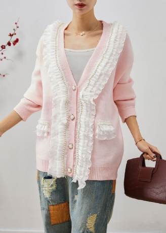 Art Pink Gegolfde Patchwork Warme Gebreide Jassen Herfst