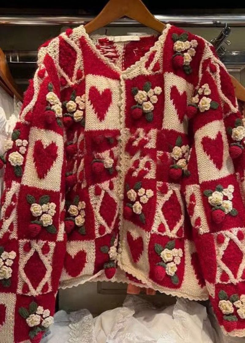 Bloemen Rood O-hals Knoop Patchwork Gebreid Vest Met Lange Mouwen - Dames cardigans