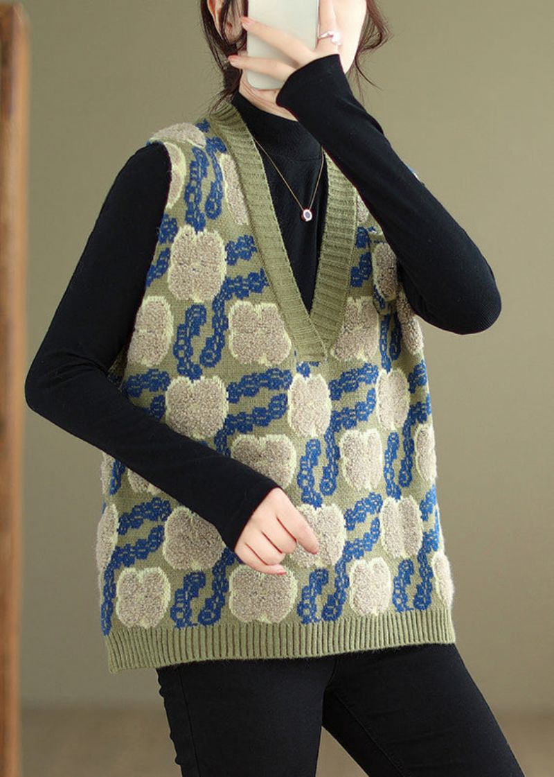 Bloemengroen V-hals Patchwork Gezellig Gebreid Vest Zonder Mouwen - Dames cardigans