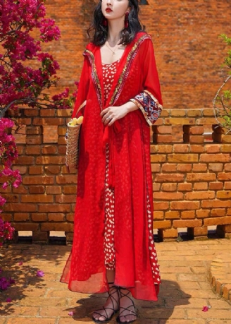 Boheemse Rode Chiffon Lange Vesten Met Capuchon Lente