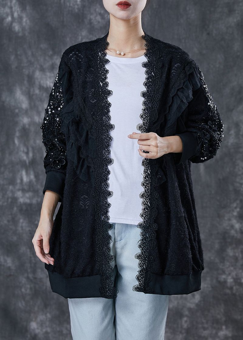 Boheemse Zwarte Oversized Patchwork Kanten Vest Lente - Dames cardigans