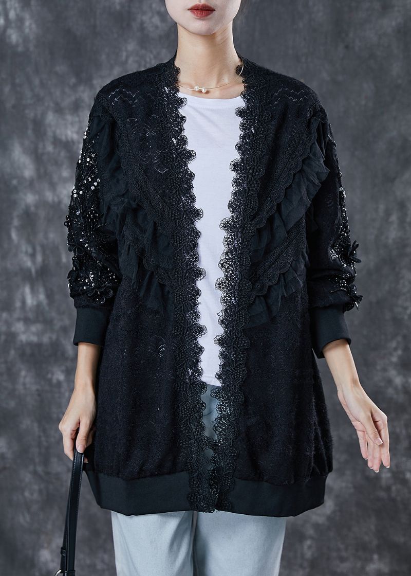 Boheemse Zwarte Oversized Patchwork Kanten Vest Lente - Dames cardigans