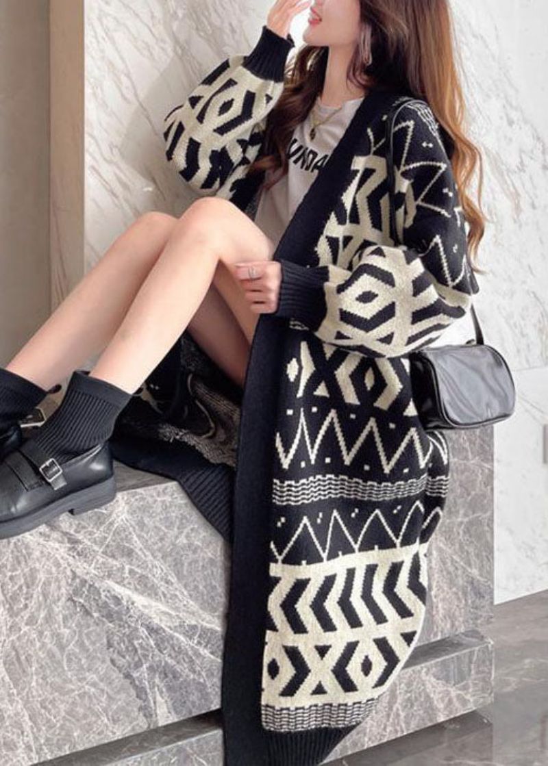 Boheemse Zwarte Oversized Print Dik Gebreid Los Vest Winter - Dames cardigans