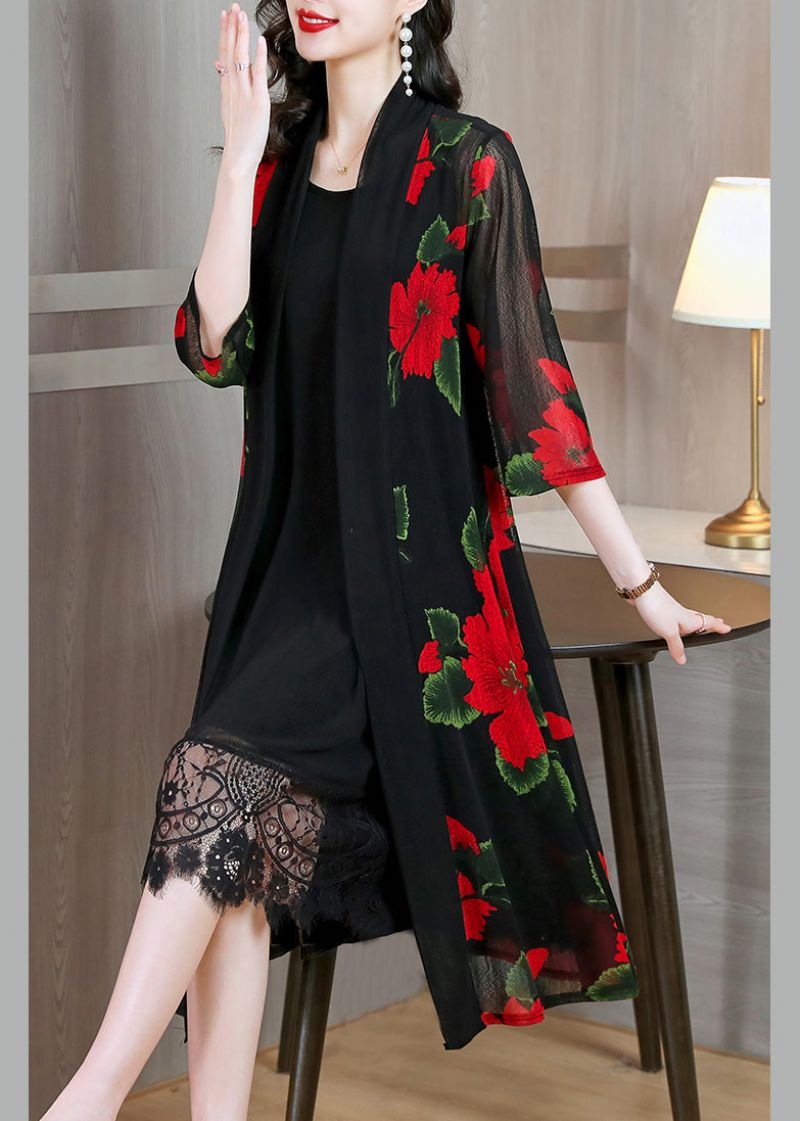 Casual Gele V-hals Print Ijszijde Chiffon Lange Zonnebrandvesten Zomer - Dames cardigans