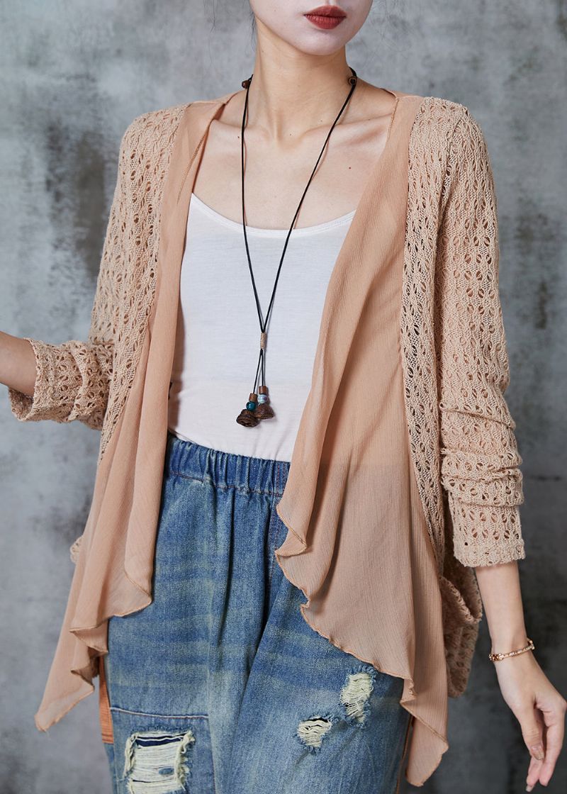 Chique Kaki Uitgehold Patchwork Gebreid Vest Zomer - Dames cardigans