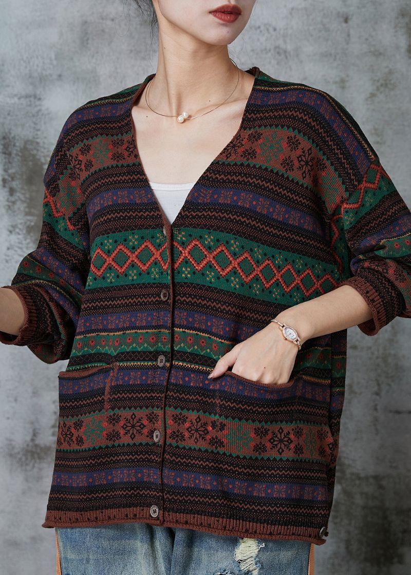 Chocolade Gestreepte Gebreide Losse Vesten Met V-hals Lente - Dames cardigans