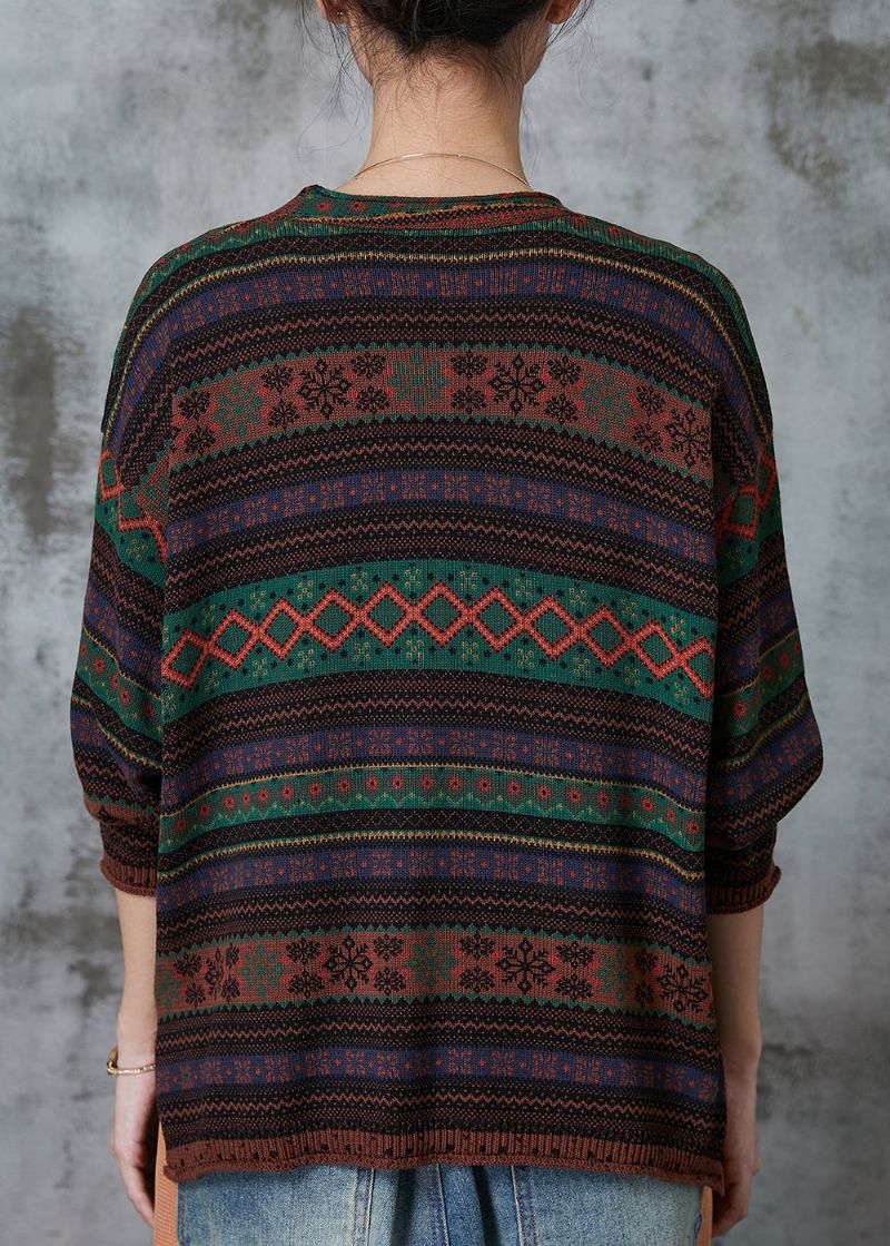 Chocolade Gestreepte Gebreide Losse Vesten Met V-hals Lente - Dames cardigans
