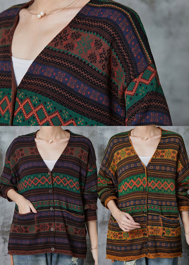 Chocolade Gestreepte Gebreide Losse Vesten Met V-hals Lente - Dames cardigans