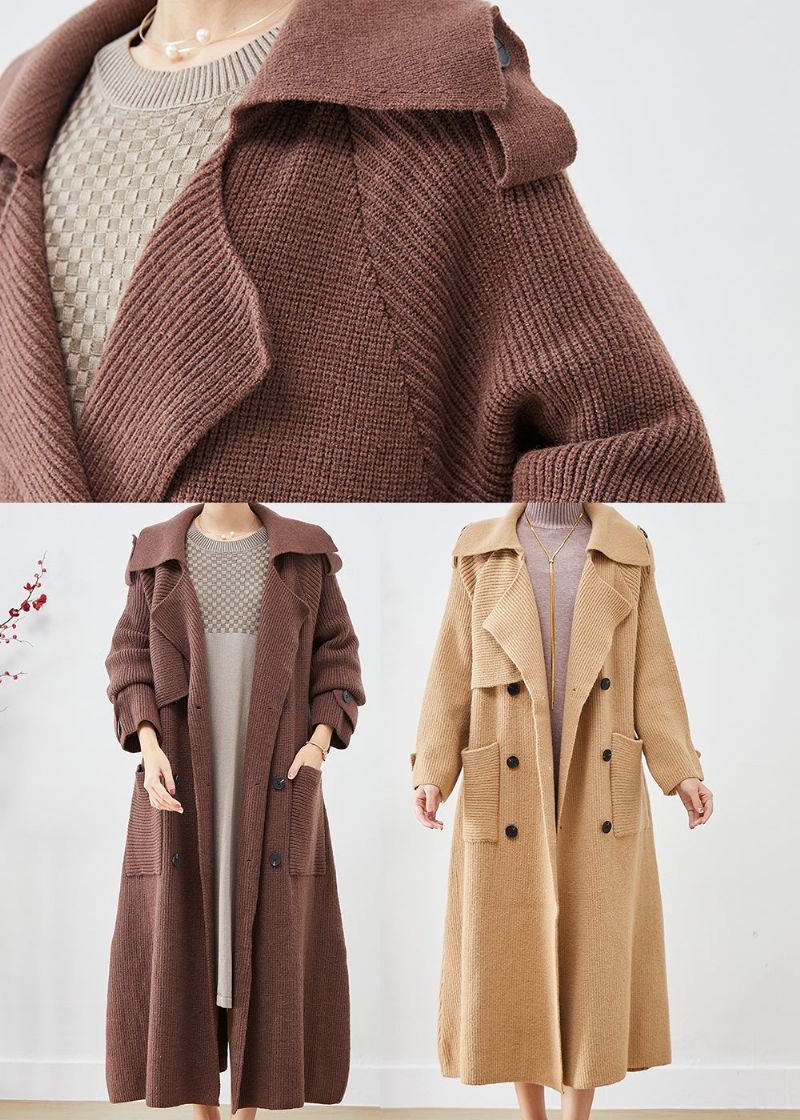 Chocolade Losse Gebreide Jas Uitloper Dubbele Borstzakken Herfst - Dames cardigans