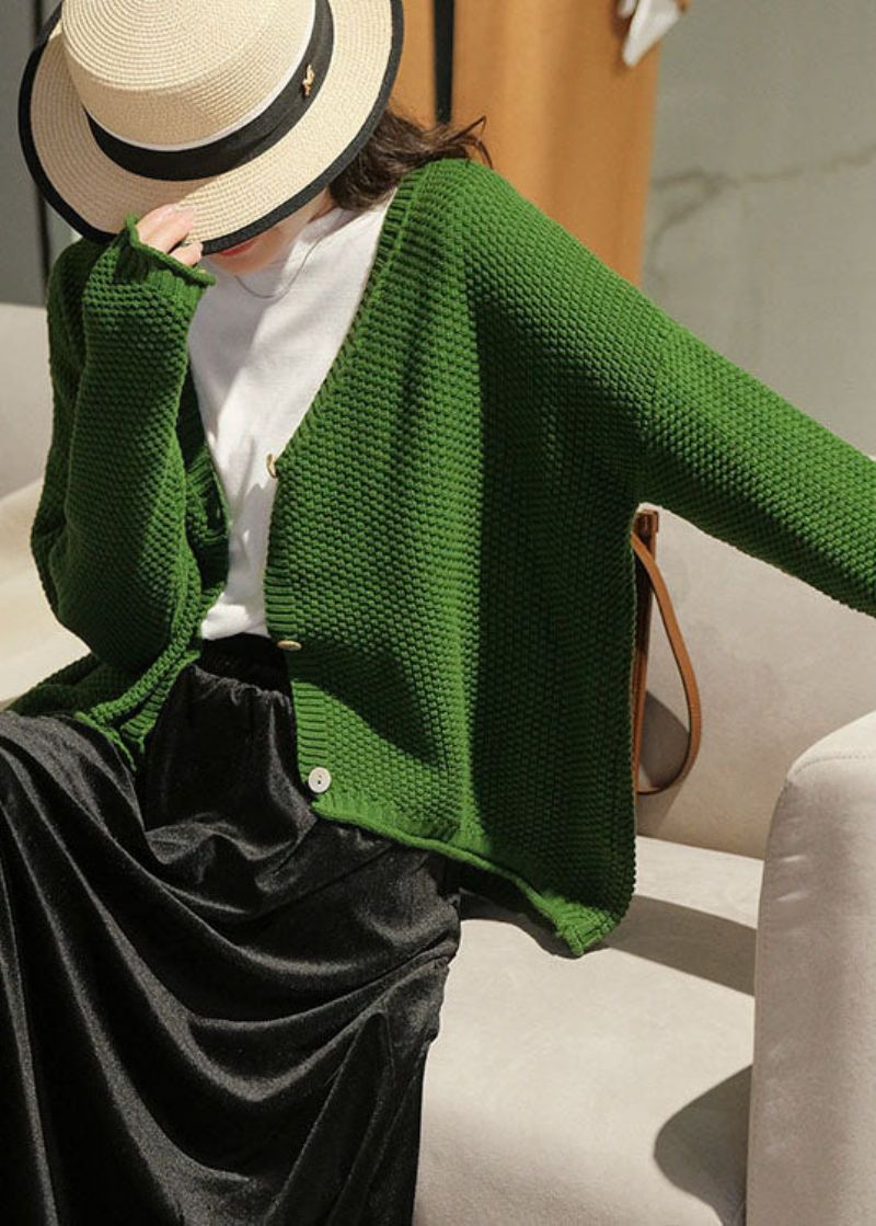 Dames Groene V-hals Knoop Gebreide Losse Vesten Herfst - Dames cardigans