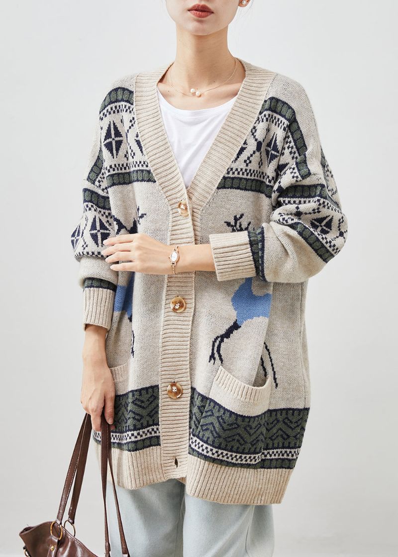 Dames Kaki Oversized Gebreide Vesten Met Print Winter - Dames cardigans