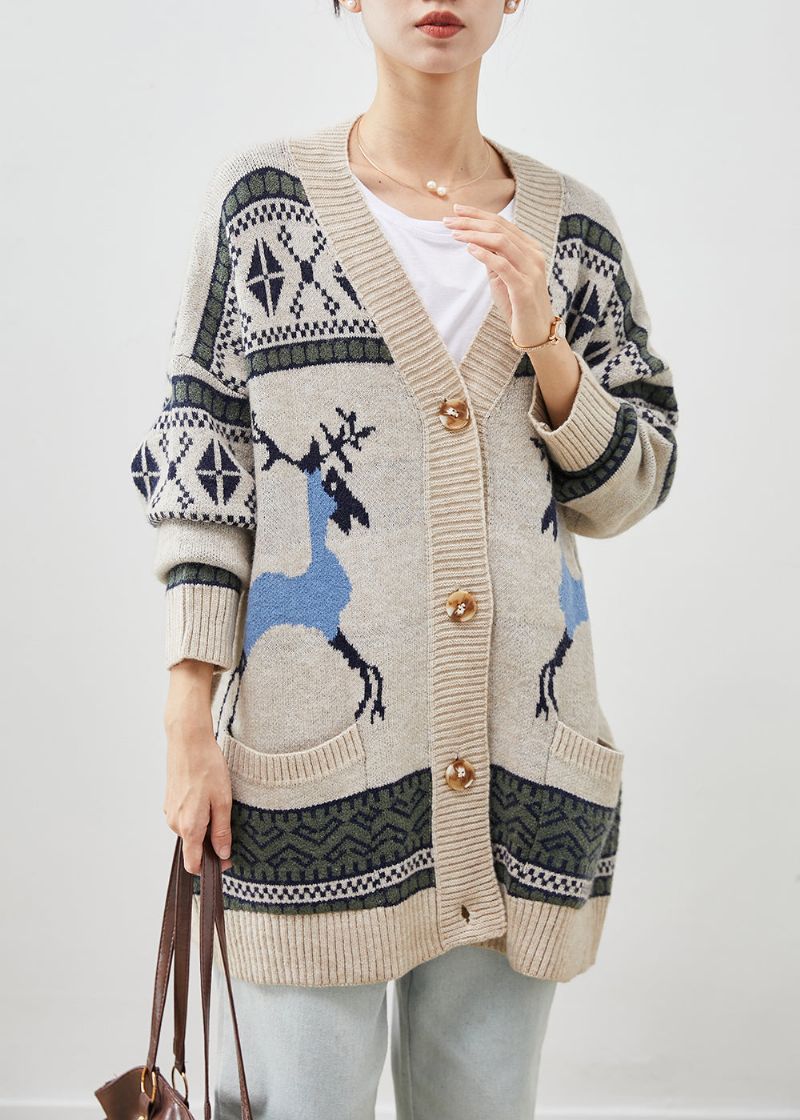 Dames Kaki Oversized Gebreide Vesten Met Print Winter - Dames cardigans