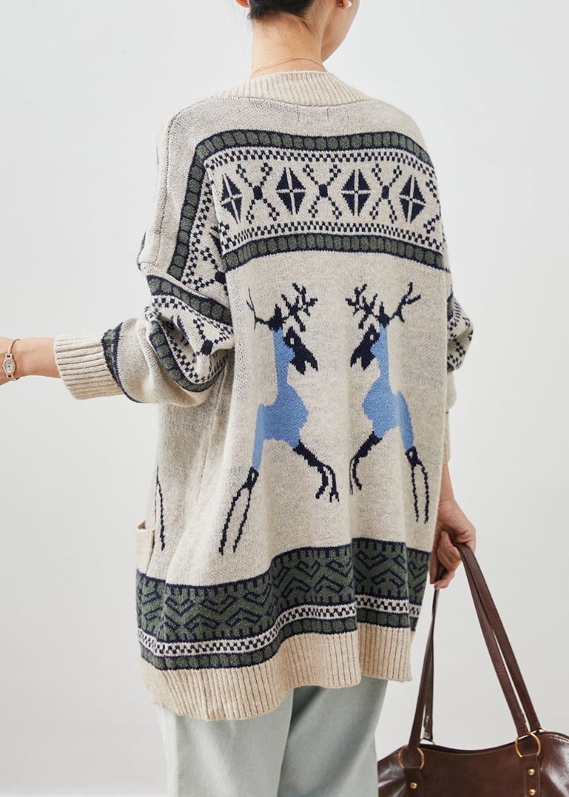 Dames Kaki Oversized Gebreide Vesten Met Print Winter - Dames cardigans