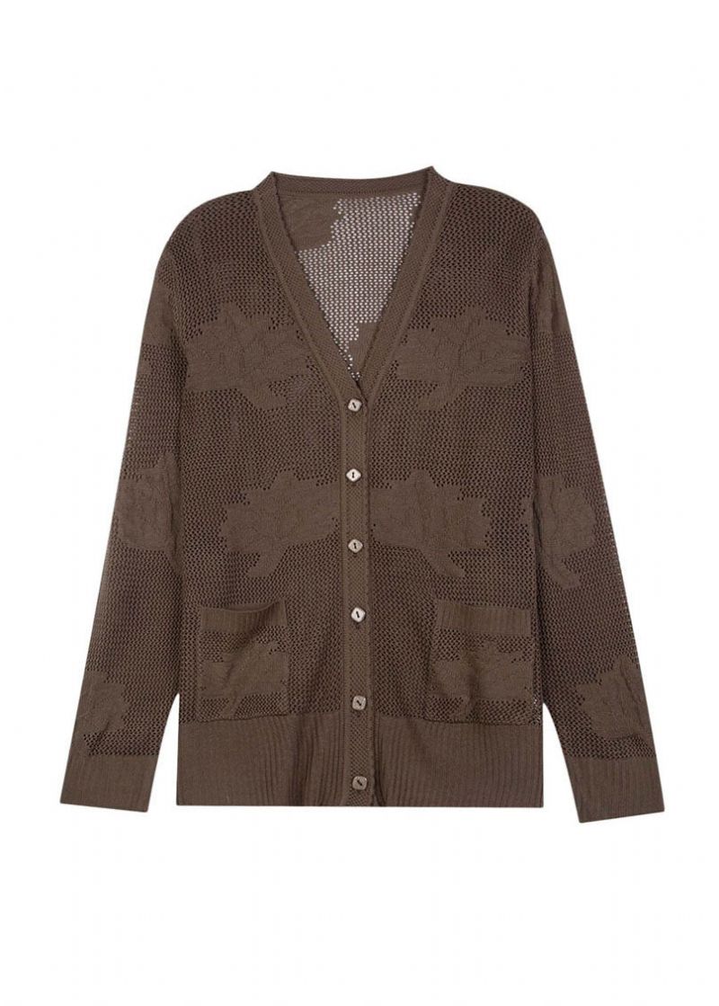 Dames Kaki Uitgehold Geborduurd Patchwork Dun Gebreid Vest Herfst - Dames cardigans