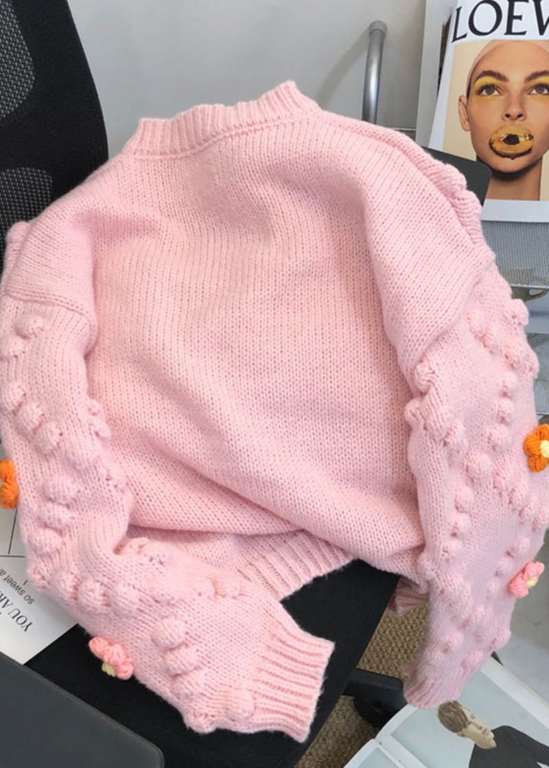 Dames Roze Bloemen Versierde Patchwork Gebreide Vesten Herfst - Dames cardigans