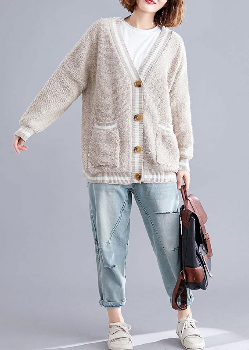 Esthetische Beige Gebreide Uitloper Met V-hals Oversized Herfst - Beige