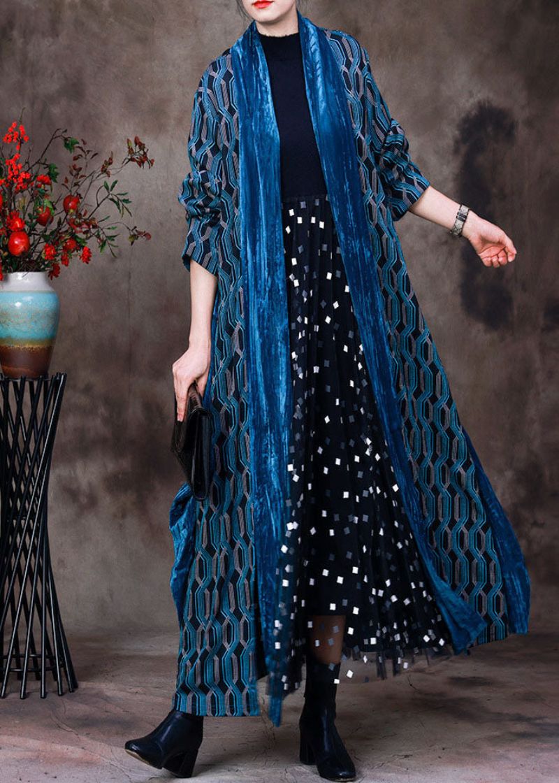 Franse Blauwe Geruite Patchwork Katoenen Losse Vesten Met Lange Mouwen