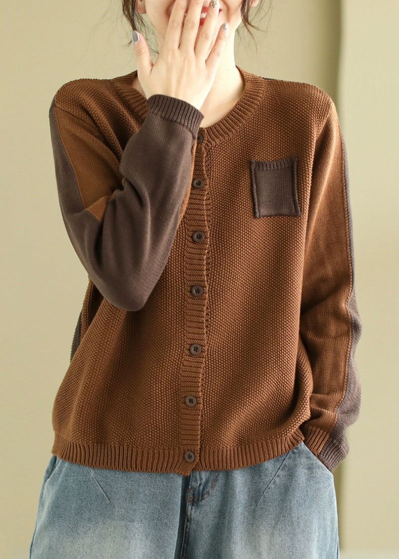 Franse Grijze O-hals Knoop Patchwork Gebreide Jas Lente - Dames cardigans