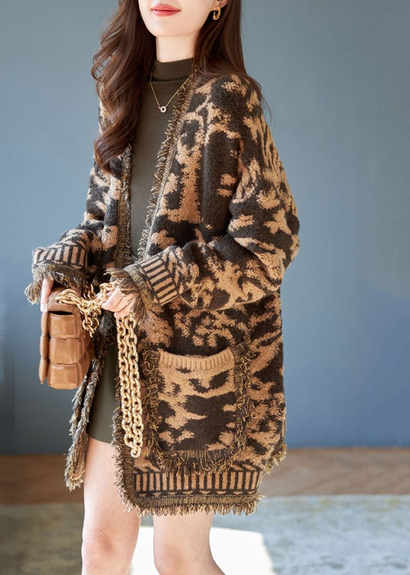 Franse Kaki Oversized Jacquard Gebreide Vesten Winter - Dames cardigans