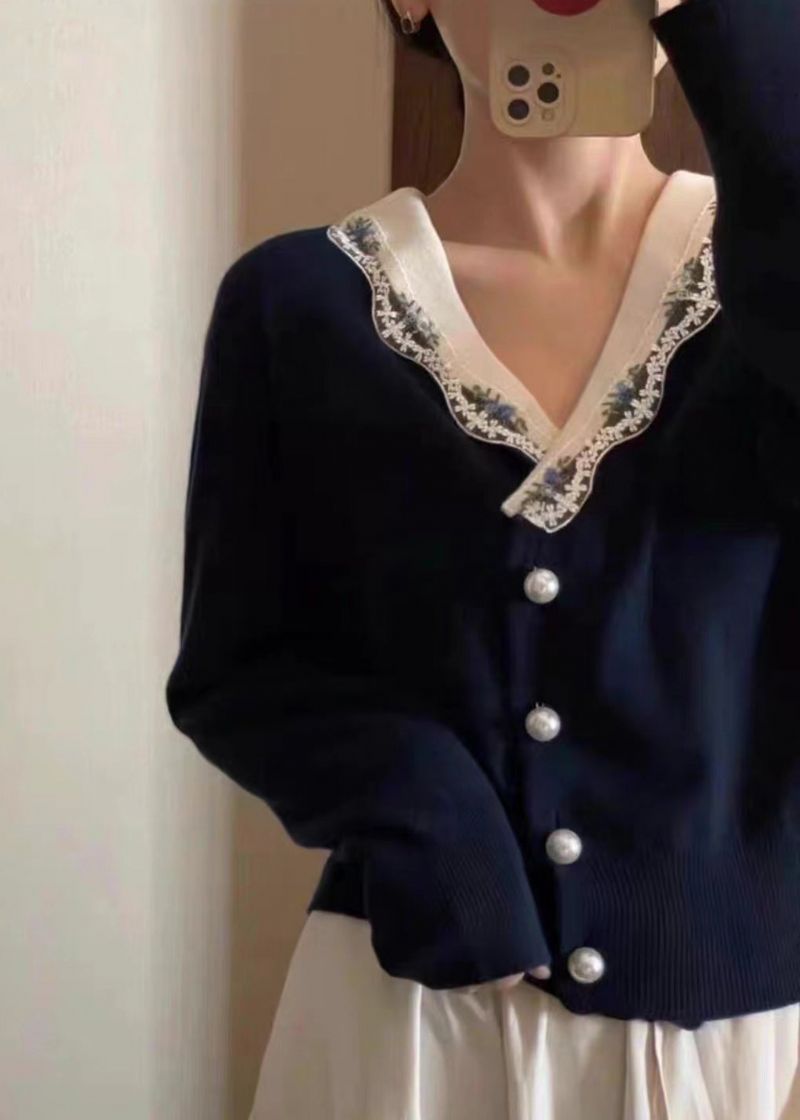 Franse Marineblauwe V-hals Knoop-patchwork Gebreide Jassen Met Lange Mouwen - Dames cardigans