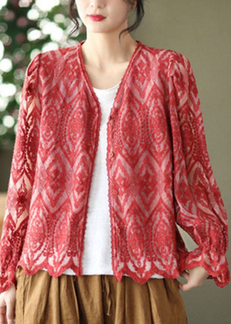 Franse Rode V-hals Patchwork Kanten Vesten Lente