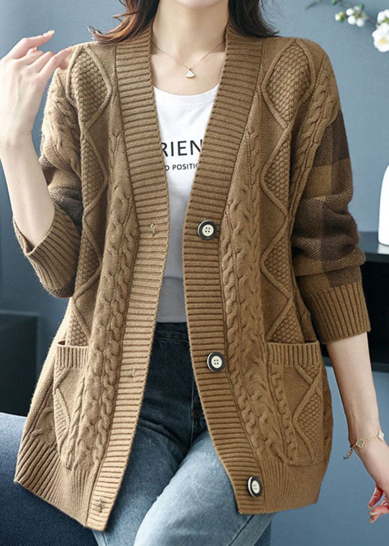 Grote Maten Kameel V-hals Zakken Knopen Patchwork Gebreid Vest Herfst - Dames cardigans
