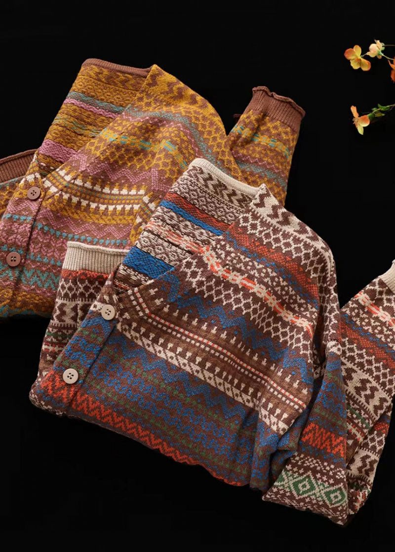 Handgemaakte Gele Losse V-hals Print Knop Herfst Gebreid Vest Met Lange Mouwen - Dames cardigans