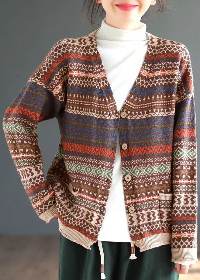 Handgemaakte Gele Losse V-hals Print Knop Herfst Gebreid Vest Met Lange Mouwen - Dames cardigans