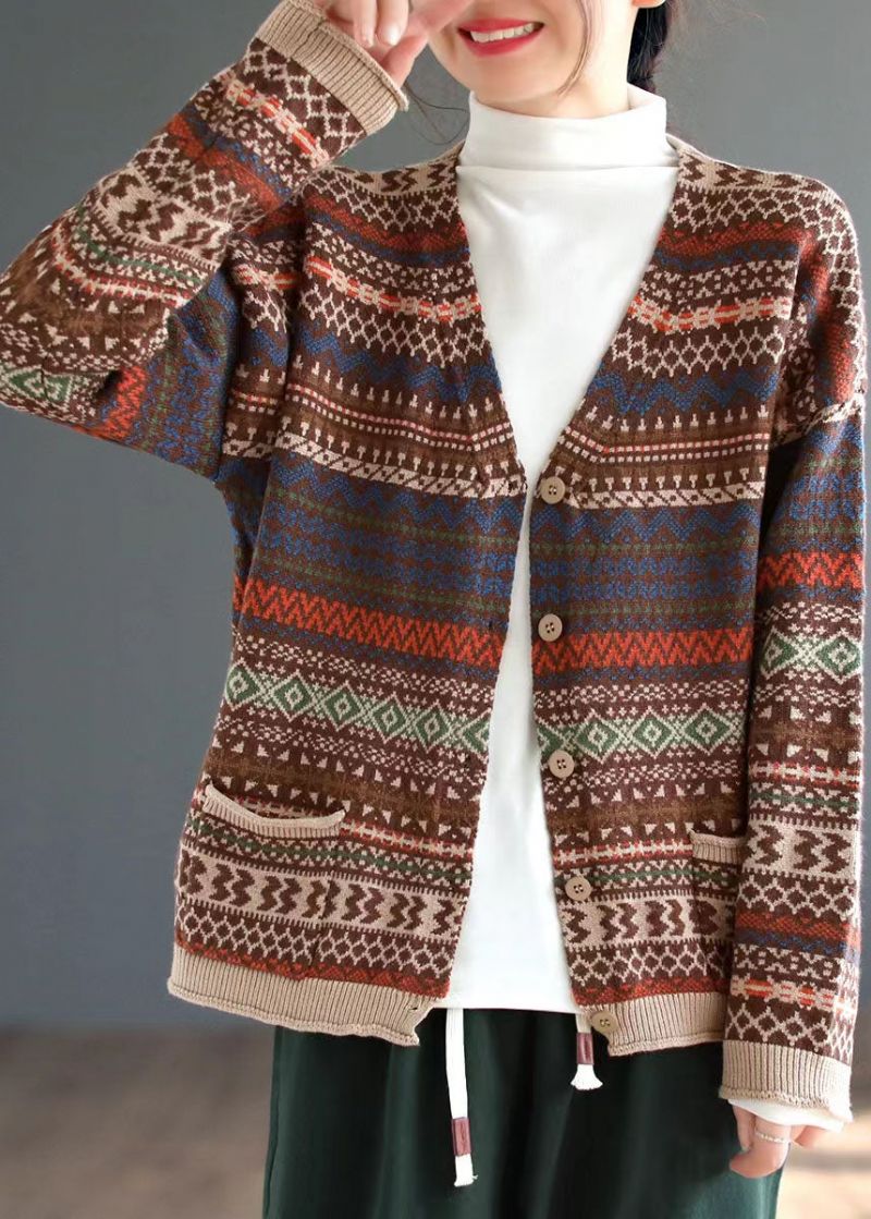 Handgemaakte Gele Losse V-hals Print Knop Herfst Gebreid Vest Met Lange Mouwen - Dames cardigans