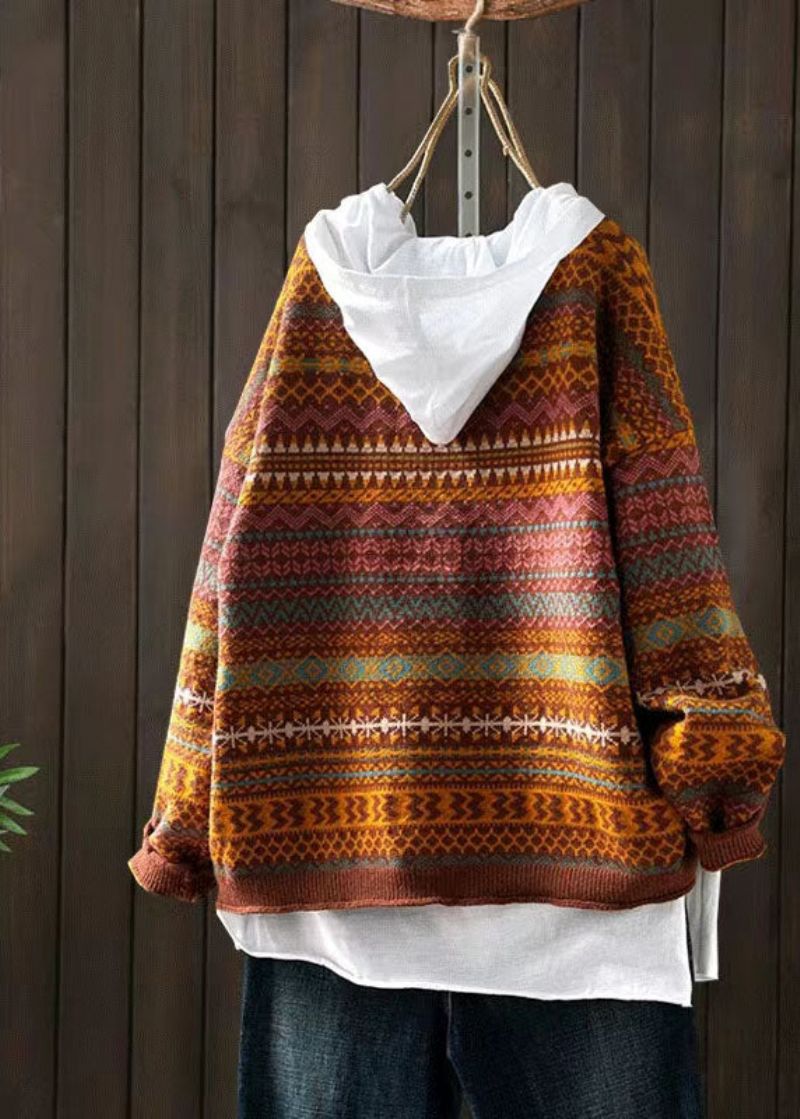 Handgemaakte Gele Losse V-hals Print Knop Herfst Gebreid Vest Met Lange Mouwen - Dames cardigans