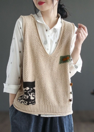 Italiaans Beige V-hals Patchwork Gezellig Katoenen Gebreid Vest Zonder Mouwen