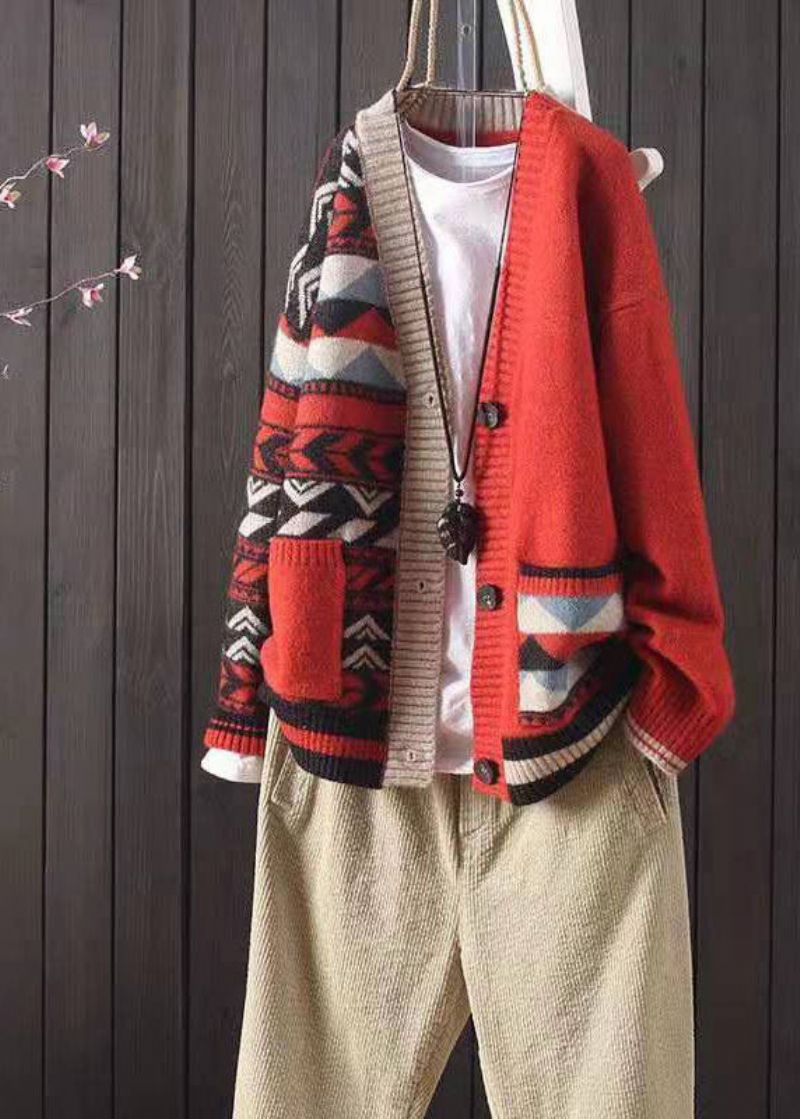 Italiaanse Abrikoos V-hals Print Zakken Gebreide Vesten Winter - Dames cardigans