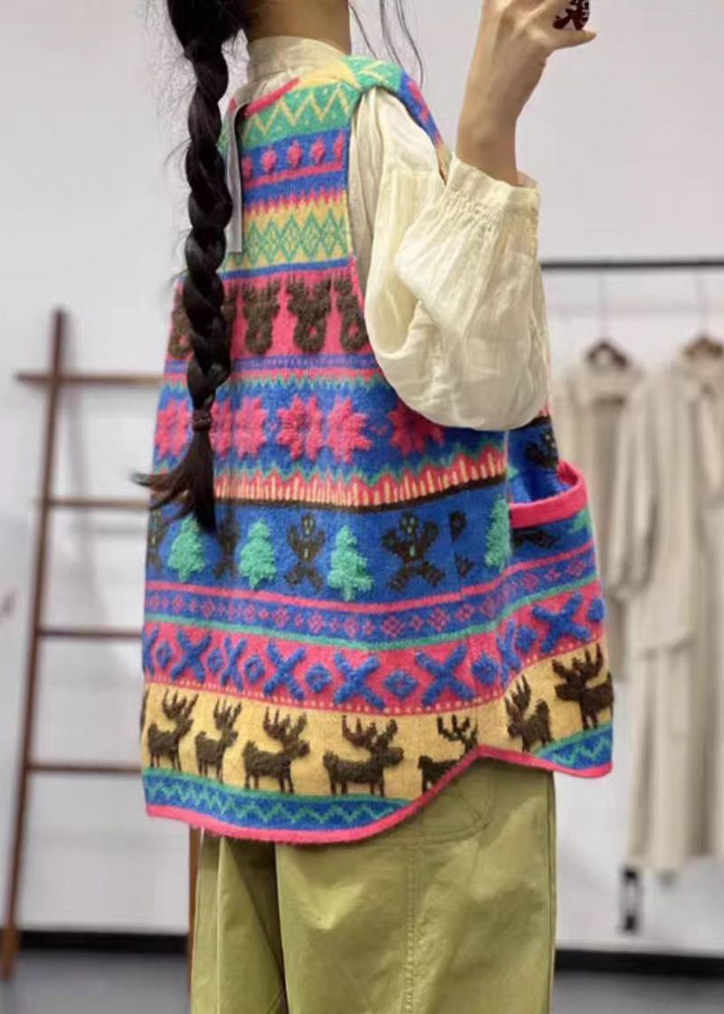 Jacquard Paars V-halszakken Katoen Gebreid Vest Zonder Mouwen - Dames cardigans