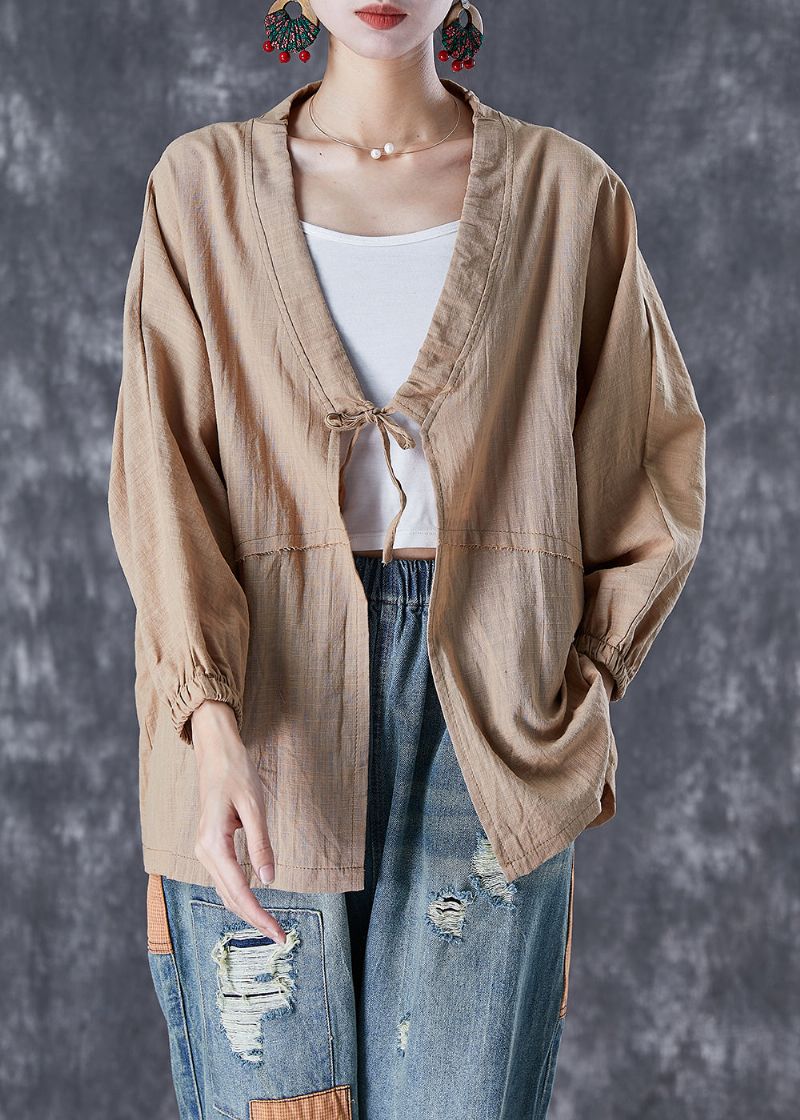 Kaki Linnen Vest Oversized Vetersluiting Herfst - Dames cardigans