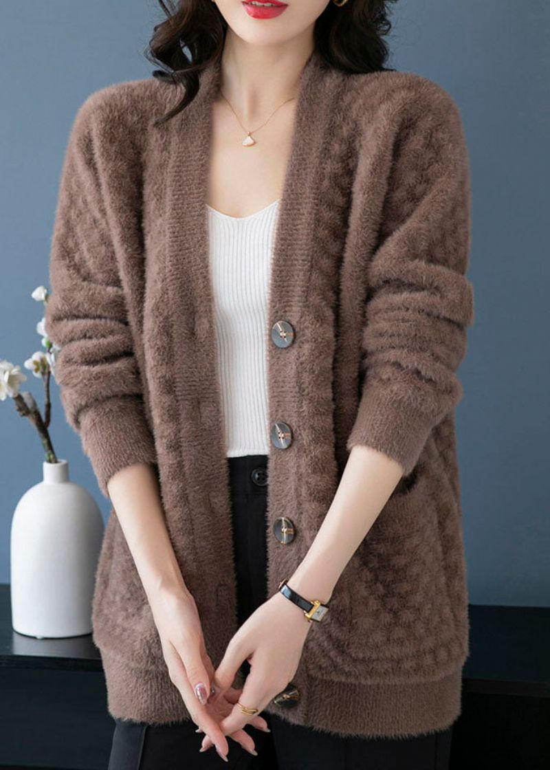 Kameelzakken Patchwork Nertsenhaar Gebreide Jassen V-hals Knop Herfst - Dames cardigans