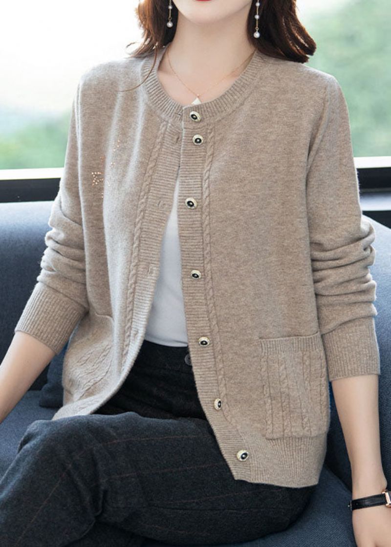 Licht Camel Zakken Patchwork Wollen Vesten O-hals Knoop Herfst - Dames cardigans