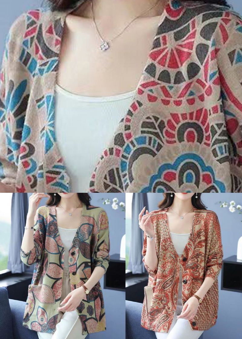 Lichtgroene Print Patchwork Nertsenhaar Gebreide Jassen Met V-hals En Lange Mouwen - Dames cardigans