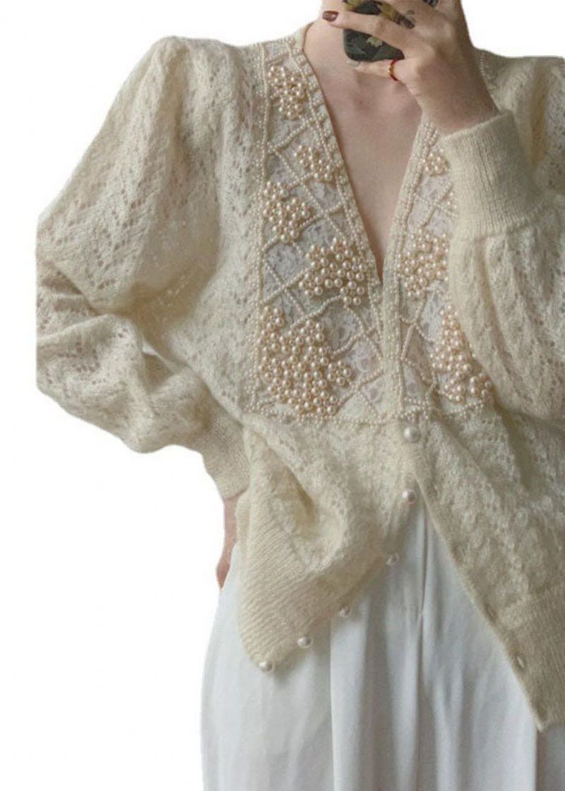 Losse Beige V-hals Met Parelknopen Dikke Ma Hai Mao Gebreide Jas Met Lange Mouwen - Dames cardigans
