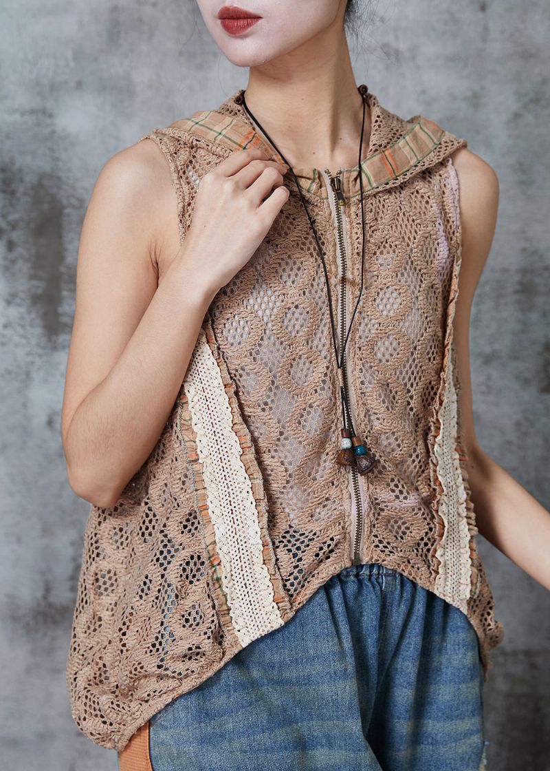 Modern Kaki Uitgehold Gebreid Vest Met Capuchon Zomer