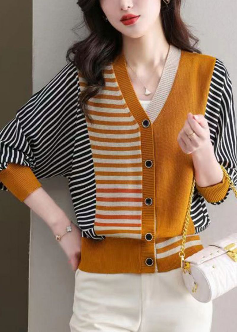 Oranje Knoop Gezellig Gebreid Vest Met V-hals En Lange Mouw - Dames cardigans