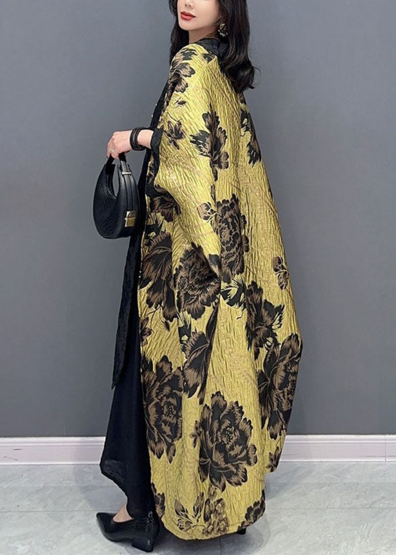 Oversized Gele Bloemenprint Patchwork Katoenen Vest Met Vleermuismouw - Dames cardigans