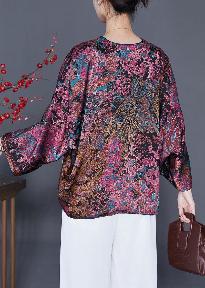Paars Bedrukt Zijden Vest Met Oversized Kwastjes Aan Beide Lente - Dames cardigans