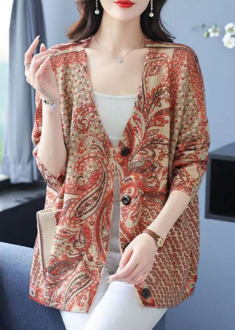 Plus Maat Oranje V-hals Print Knoop Nertsen Haar Gebreide Jas Herfst - Dames cardigans