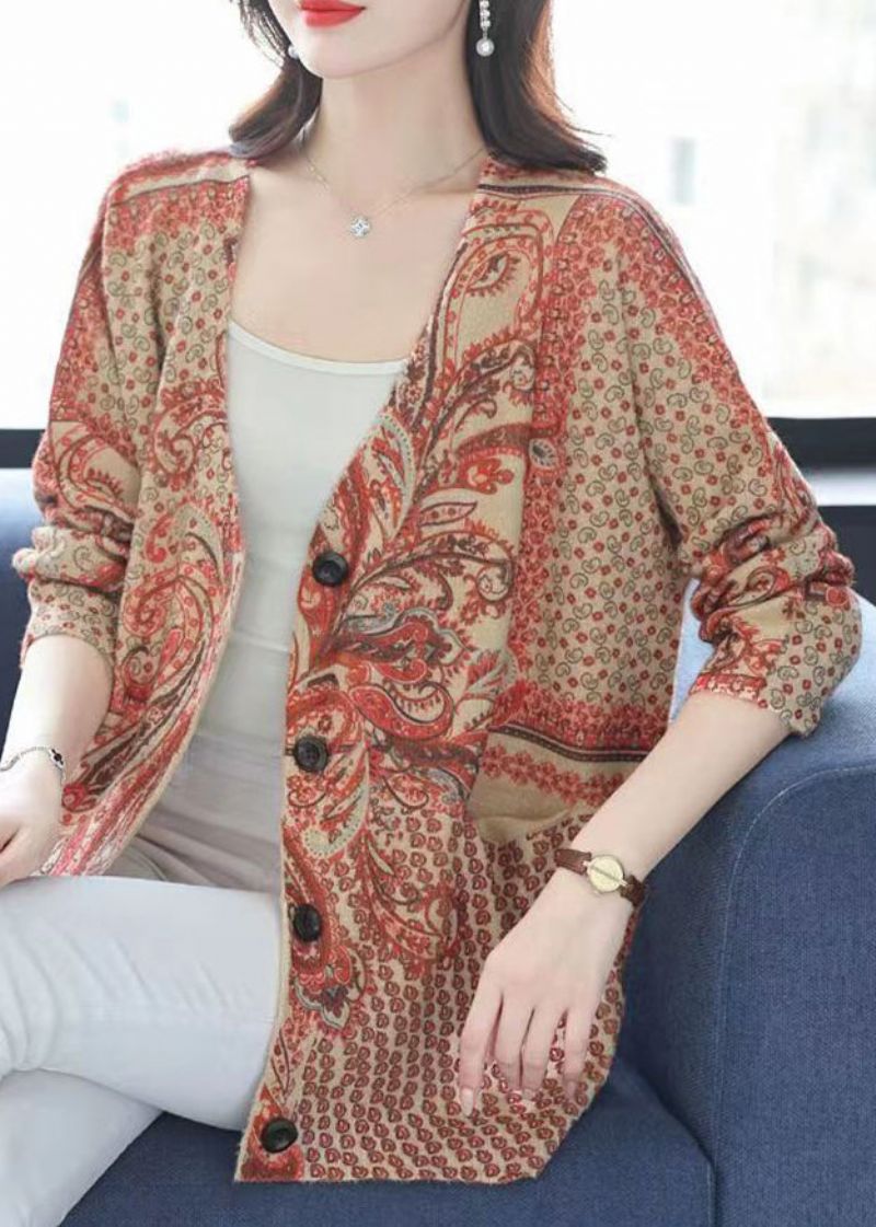 Plus Maat Oranje V-hals Print Knoop Nertsen Haar Gebreide Jas Herfst - Dames cardigans