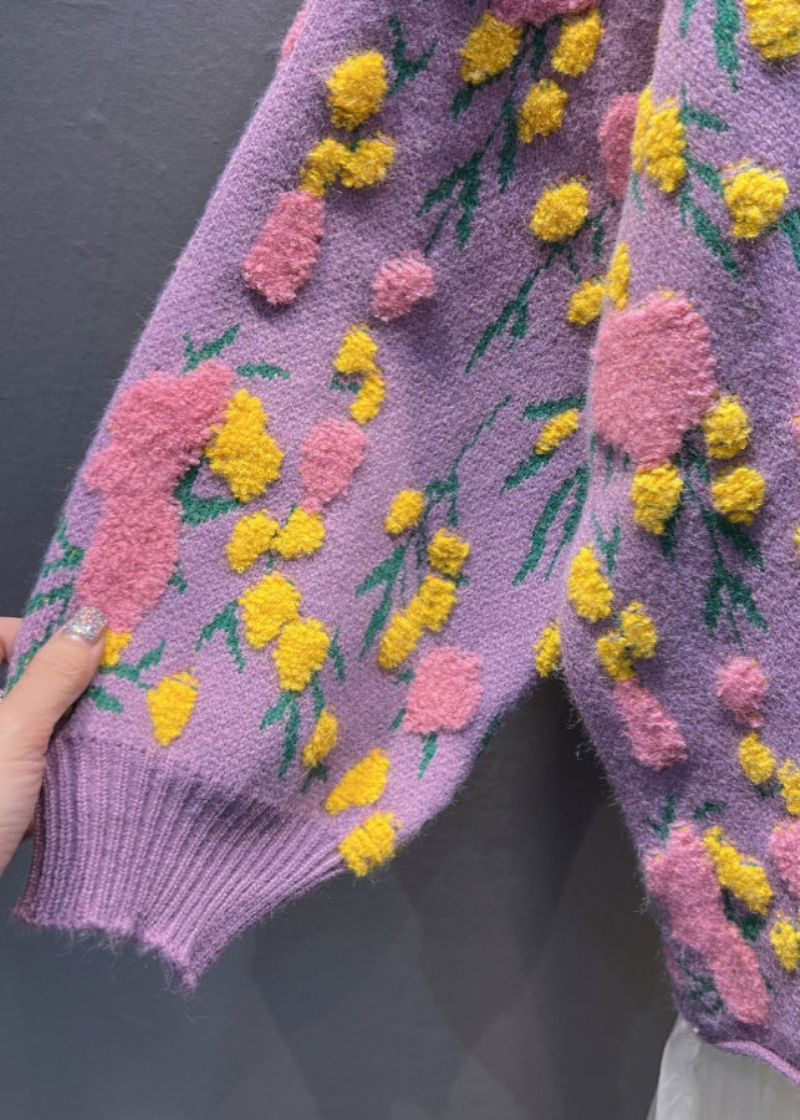 Plus Maat Paarse Gebloemde Knoopgebreide Jassen Met Lange Mouwen - Dames cardigans